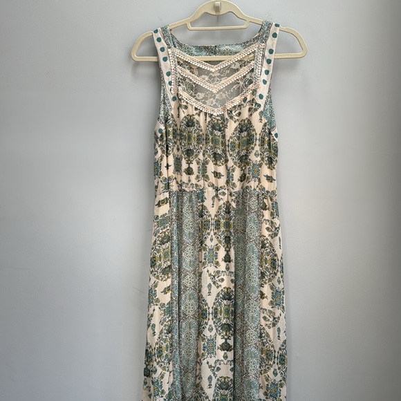 Free People lace front maxi dress double front slit Moroccan cream green print - Picture 2 of 16